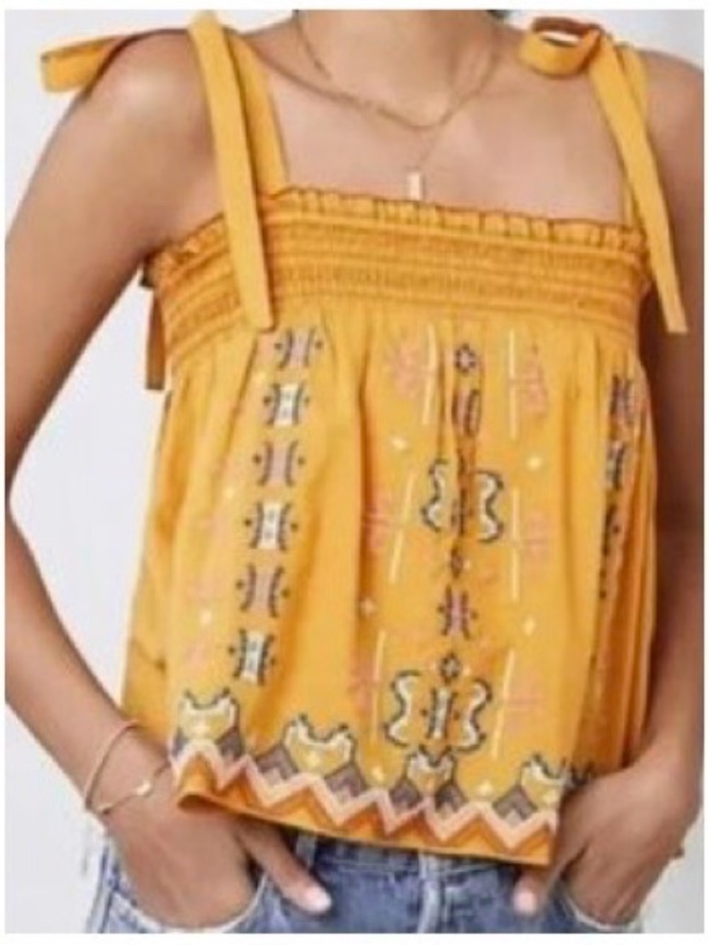 Anthropologie Mustard Yellow Embroidered Tie-Shoulder Crop Top